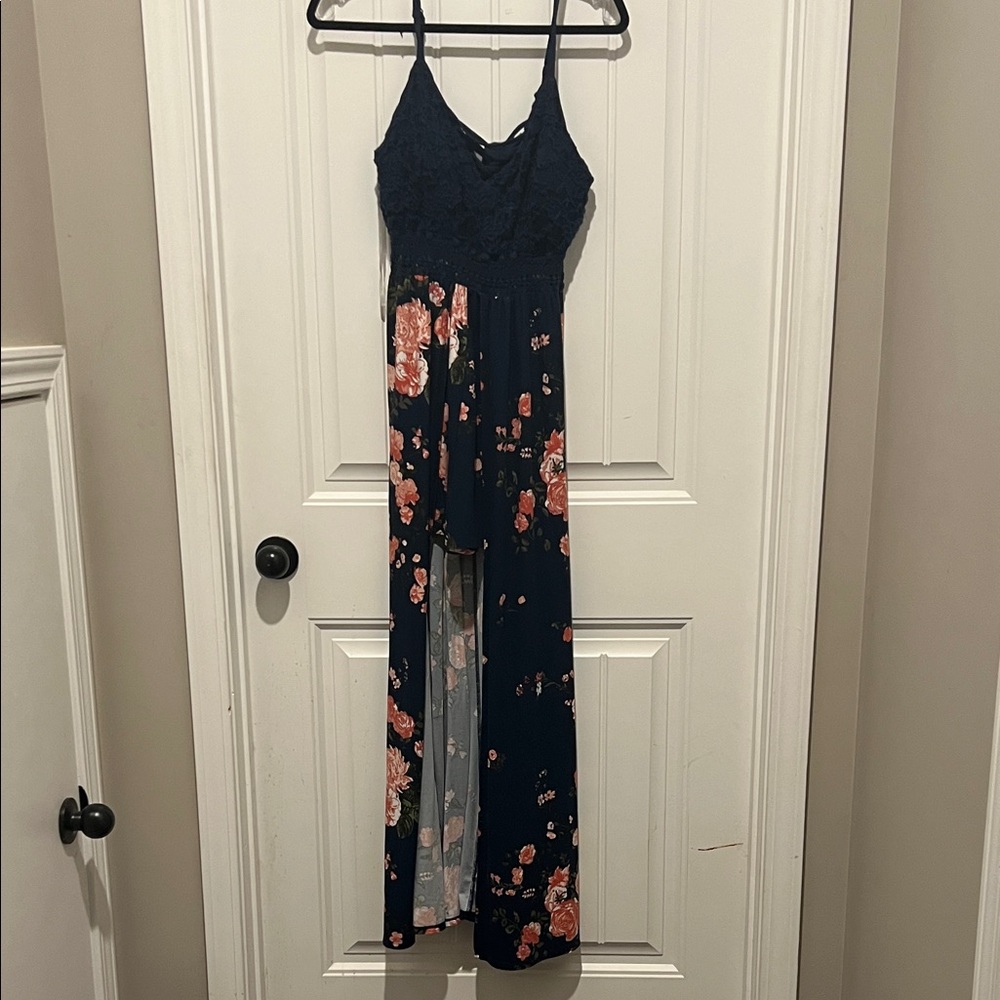 No Boundaries Navy and Coral Floral Jumpsuit